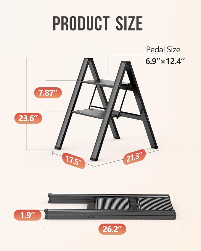 2 Step Ladder, Foldable Step Stool, 300lbs Load, Black | Folded 27''H x 2''T; Net 6.6 lbs; Rigid Aluminum Steps; No Assembly; For Home, Kitchen, Office, Pantry, Closets, Cabinets - Image 2