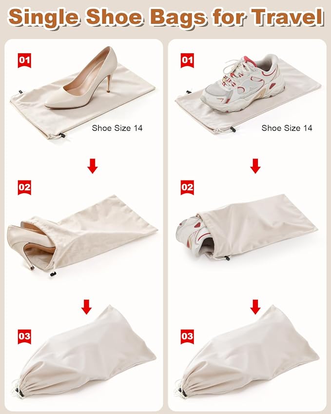 6 Pcs Single Shoe Bags for Travel, Dust Velvet Bags, Beige, 17.3x8.6 Inch | Washable & Reusable Travel Shoe Bags, Dustproof Shoe Bags with Drawstring Closure, Suitable for Travel, Home Storage - Image 4