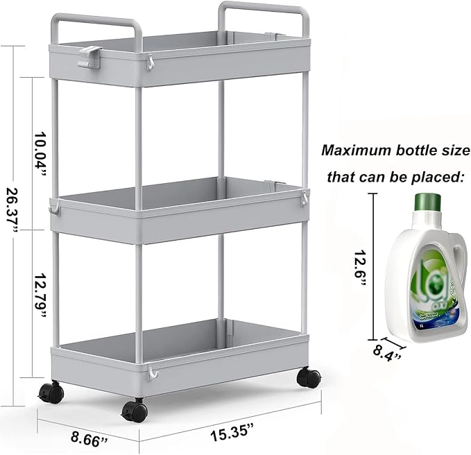 SOLEJAZZ 3 Tier Slim Rolling Storage Cart Organizer with Wheels, Gray | Utility cart for bathroom, laundry, bedside, dorm&narrow spaces. Fits craft, nail, makeup, snack, art, diaper&baby essentials - Image 2