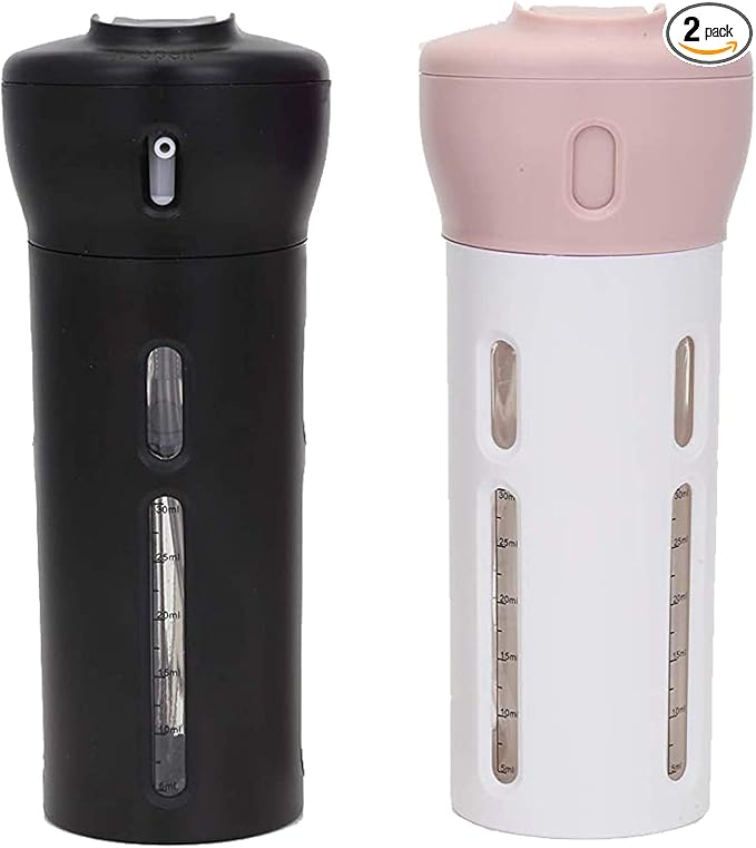 Travigo 4-in-1 Travel Dispenser Bottle Set, TSA Approved, Leak Proof, Reusable 1.4 oz. (40 mL) Toiletry Containers for Shampoo, Conditioner, Soap, Lotion, Skincare (2 Pack, Black & Pink) by Travigo