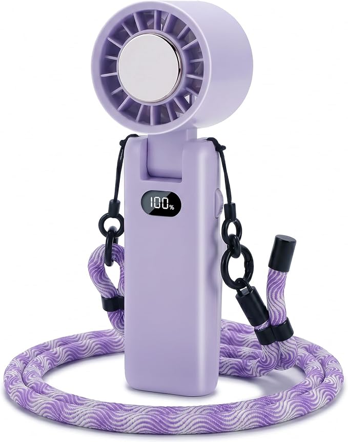 fygurso Personal Portable Clip-on Handheld Fan Rechargeable, Purple | Neck-Crossbody fit lanyard. Detachable clip. 10H battery. LED monitor. 5-Speed from 30dB low noise to 10000rpm blast. by fygurso