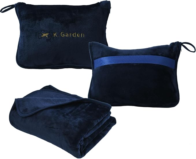 Travel Blanket Airplane Compact with Bag Soft 2 in 1 Travel Pillow and Blanket Set Car Pillow Travelers Gifts Accessories Compact Pack Blanket for Any Travel with Luggage Backpack Strap,Dark Blue by KGARDEN