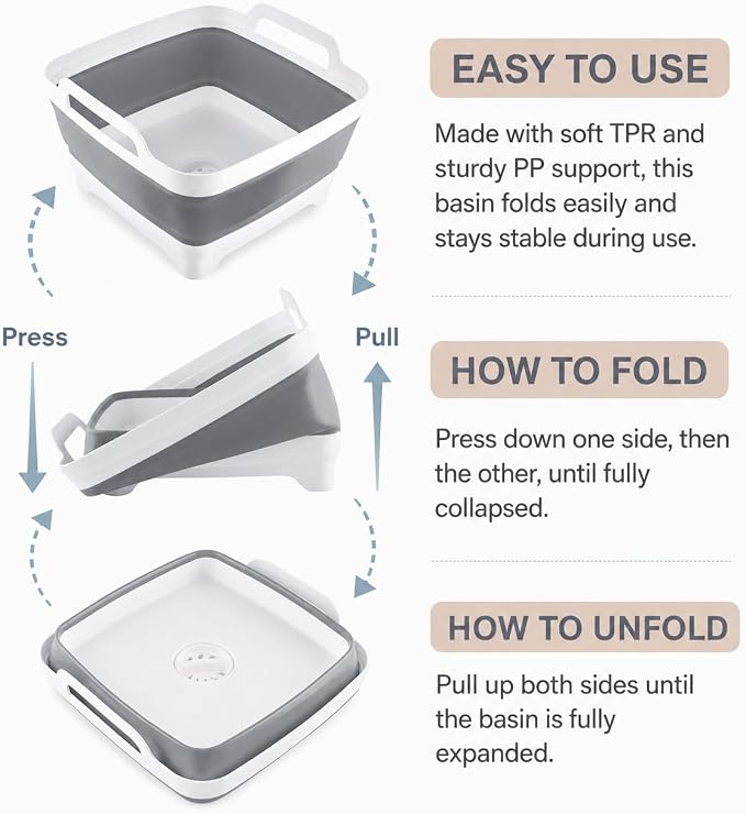 Collapsible Dish Basin with Drain Plug, Foldable Wash Basin 2.4 Gal (9L) | Portable Sink Tub for Kitchen, Baby Bottles, Camping, RV, Vegetable Washing and Beverage Tub, Gray - Image 5