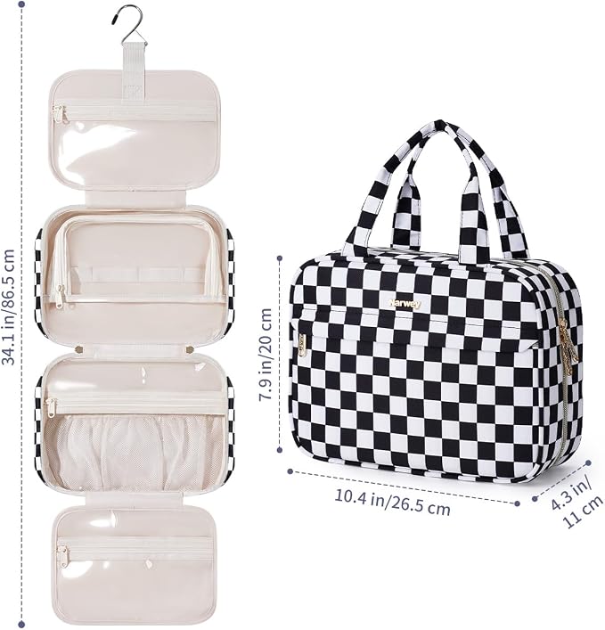 Narwey Hanging Toiletry Bag for Women Checkered Travel Makeup Bag Organizer Cosmetic Make up Toiletries Bag for Travel Essentials Accessories (Black Checkerboard, Medium) - Image 5