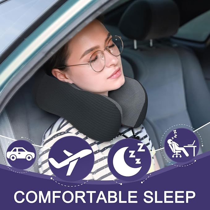 napfun Neck Pillow for Travel with Travel Pouch, Sleep Mask & Earplugs, Memory Foam Airplane Pillow for Headrest Sleep with Eyeshades, Plane Essentials with Eye Blindfold, Black Striped Kit - Image 2