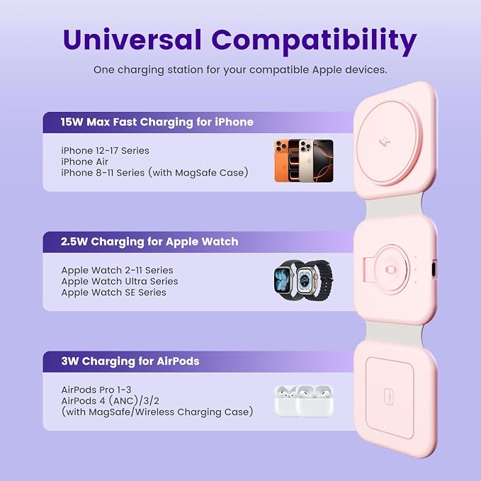 15W Magnetic Travel Charging Station, 3-in-1 Foldable MagSafe Charger | Wireless Charger for Apple Multiple Devices - iPhone Air 17 16 15 14 13 14 Pro Max, Watch & AirPods - Blush Pink - Image 4