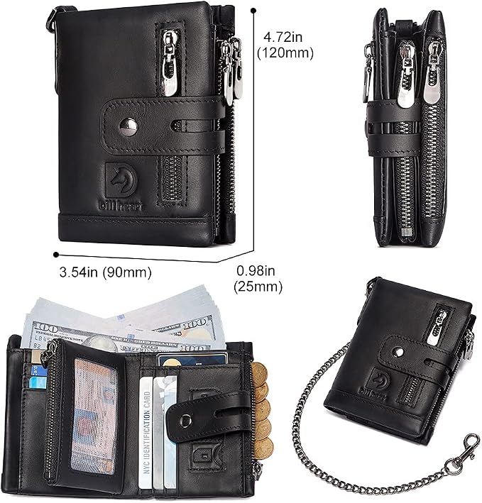 Mens Wallet with Chain Genuine Leather Purse RFID Blocking Bifold Double Zipper Coin Pocket with Anti-Theft Chain - Image 5