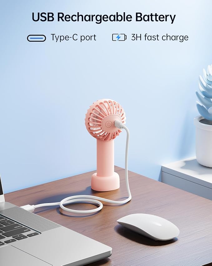 SWEETFULL Mini Portable Fan - Rechargeable Handheld Fan, 3 Speeds Personal Small Hand Gifts for Travel Essentials, Lash, Makeup, Eyelash, Kids, Girls, Women - USB, Cute Design Pink - Image 7