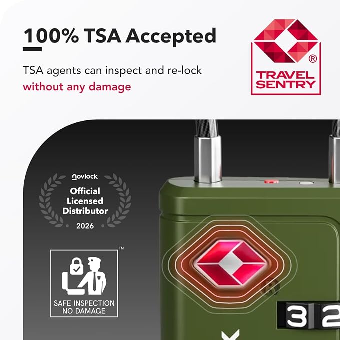 TSA Approved Luggage Locks, Travel Locks with Inspection Indicator | TSA008, Easy to Read Dials, 4 Digit Combination, Flexible Steel Cable, for Suitcases, Backpacks, Bags, 2-Pack, Green - Image 3