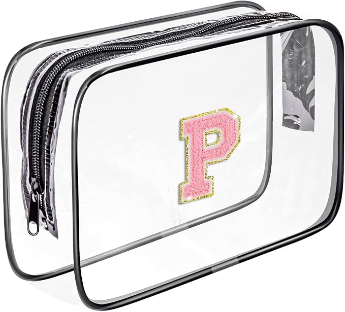 Clear Toiletry Bag,Portable Travel Toiletry Bag,Chenille Letter Cosmetic Bag with Zipper,Waterproof Makeup Bag,Cosmetic Storage Organizer for Women Men,Travel Essentials (Black,P) by Fodofodo