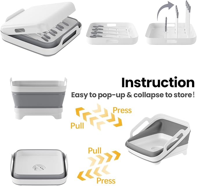 Volnamal Collapsible Wash Basin with Drying Rack & Drain Plug, Gray | Portable 2.4 Gal Dish Tub, Foldable Basin for Baby Bottle, Vegetable, Camping Sink, Kitchen, RV, Camp, Outdoor Space-Saving - Image 4