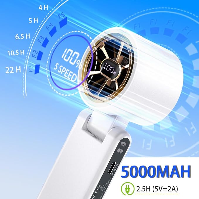 CAZOKASI Rechargeable Strong Wind Handheld Fan With Ambient Lighting 4 IN1 5000mAh Upto 22H For Desktop Waist Clip Neck (StrongWind/White) - Image 6