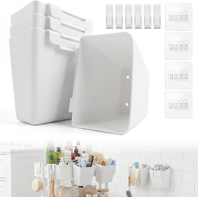 4 Pack Rolling Cart Accessories, White Craft Cart Cup Holder and 6 Hooks for Utility Carts Accessories, Adhesive Kitchen Cabinet Door Storage, Space-Saving Wall Mount Organizer for Bathroom, Office by LiveNaturallyLiveLosape