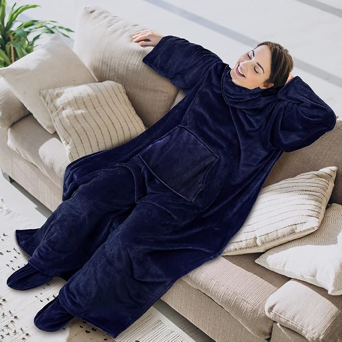 PAVILIA Fleece Blanket with Sleeves, Foot Pockets for Women Men Adults, Plush Wearable Blanket Throw Wrap, Warm Snuggle Blanket Robe, Cozy Gift Ideas Wife Mom, Navy Blue - Image 3