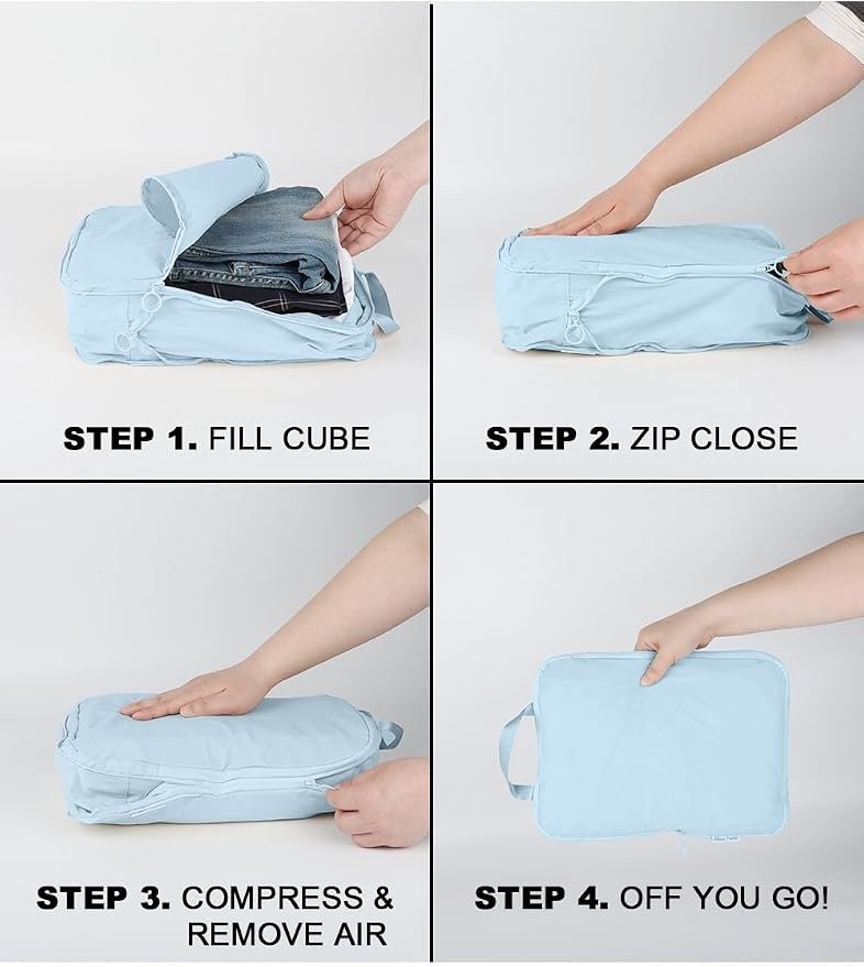 4 Set Compression Packing Cubes, Expandable Travel Organizer Bags, Water-Repellent Nylon, Space-Saving Luggage Set for Suitcase, Carry-on, Home Storage (4, Pale Blue, Compress) - Image 6
