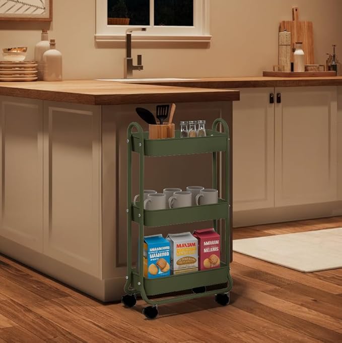 SunnyPoint Slim Rolling Storage Cart, 3 Tier Bathroom Storage Organizer Bathroom, Laundry Utility Cart (Army) - Image 5