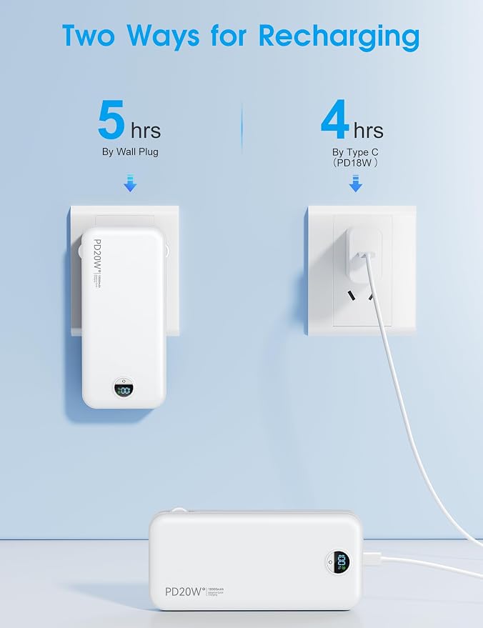 citicr Portable Charger 10000mAh PD20W w/Built-in Cables & Wall Plug White | Fast charging, Built-in wall plug, LED display, Charge 5 devices at once, Pass through charging, TSA approved, Pocket size - Image 8