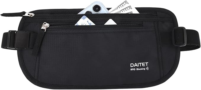 Money Belt - Passport Holder Secure Hidden Travel Wallet with RFID Blocking, Undercover Fanny Pack (Black) by DAITET