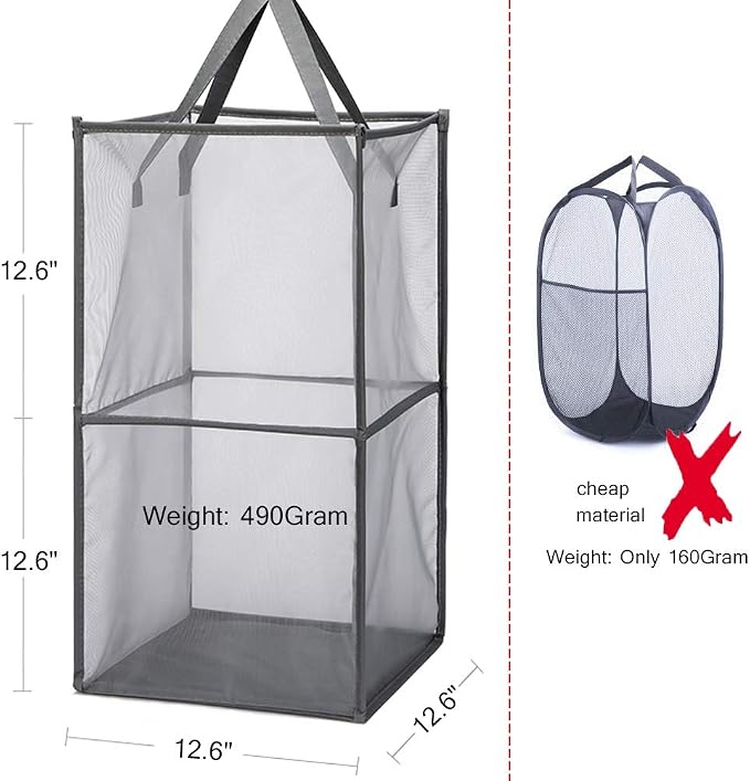 HONOMA Laundry Bags Hamper Bag with Handles,Portable & Collapsible Dirty Clothes Mesh Basket Foldable for Washing Storage, Kids Room,Dorm or Travel (Black,Double-Layer) - Image 4