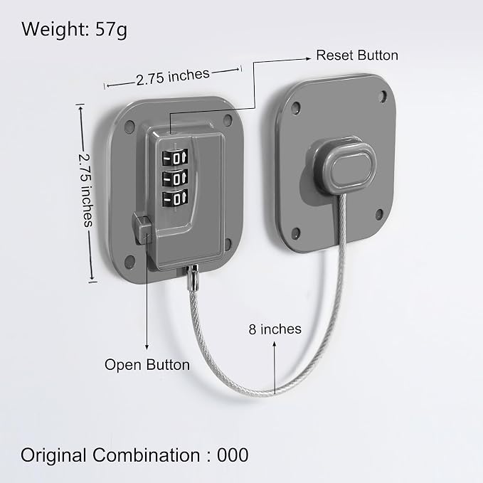 Refrigerator Lock, Heavy Duty Fridge Lock, Combination Lock for Refrigerator Cabinets, Drawers, Safety, Easy Install No Keys Needed (Grey-3Pack) - Image 2