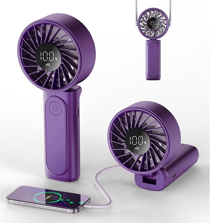 Peiyuu Portable Handheld Fan, 4000mAh, USB Rechargeable 180° Foldable Mini Desk Fan, 6 Wind Speed, LCD Digital Display, Lanyard as Neck Fan, Ultra Quiet, Pocket Size for Indoor Outdoor by Peiyuu