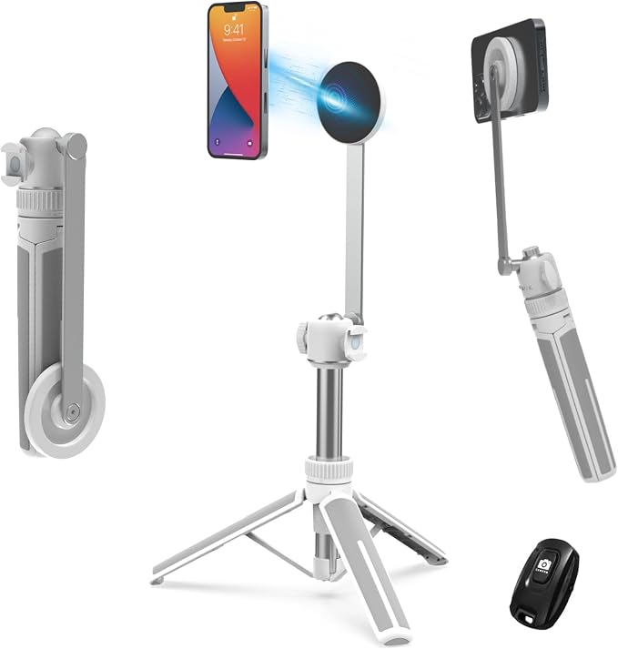 35" Magnetic Selfie Stick Phone Tripod, Extendable Phone Tripod with Cold Shoe and Remote,Compatible with iPhone/Android/Sport Camera Perfect for Video Recording/Selfies/Insta360 x5（White） by PHOPIK