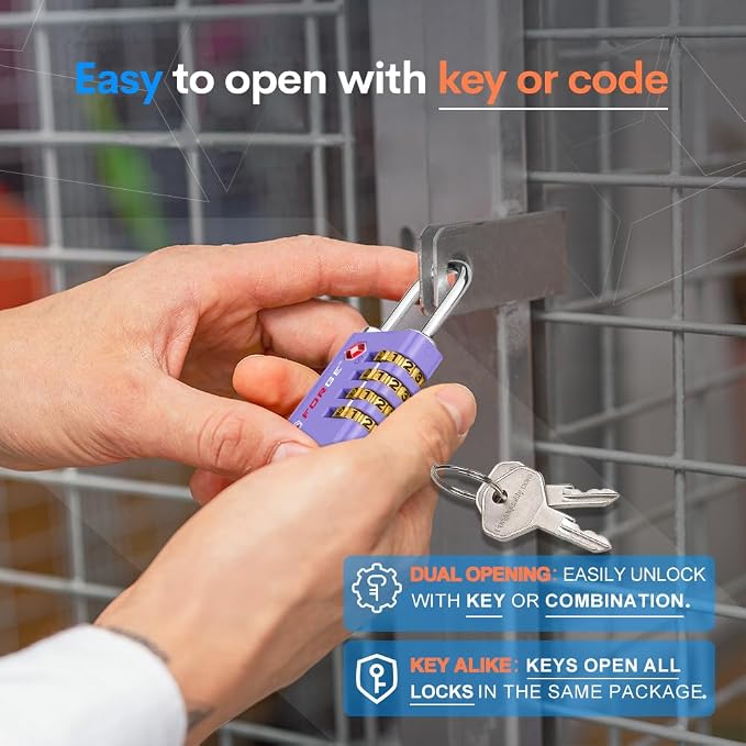 Forge Dual-Opening: Key or Combination Access Lock, TSA Approved Locks for Luggage, Pelican case, Travel, Gym, School, Stainless Steel Shackle. (Purple, 2 Pk) - Image 5