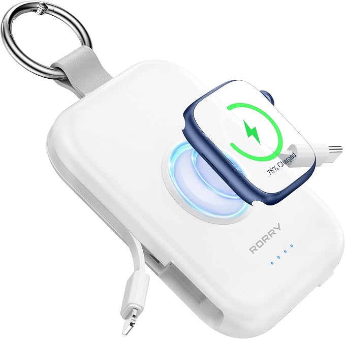 RORRY CharmGo Portable Charger, 5000mAh Portable Charger Power Bank | Built-in Cables,Travel Keychain Battery Pack Essentions for Apple Watch 1~11 Series/Ultra/SE & iPhone Air/17/16/15/14/13/12 by RORRY