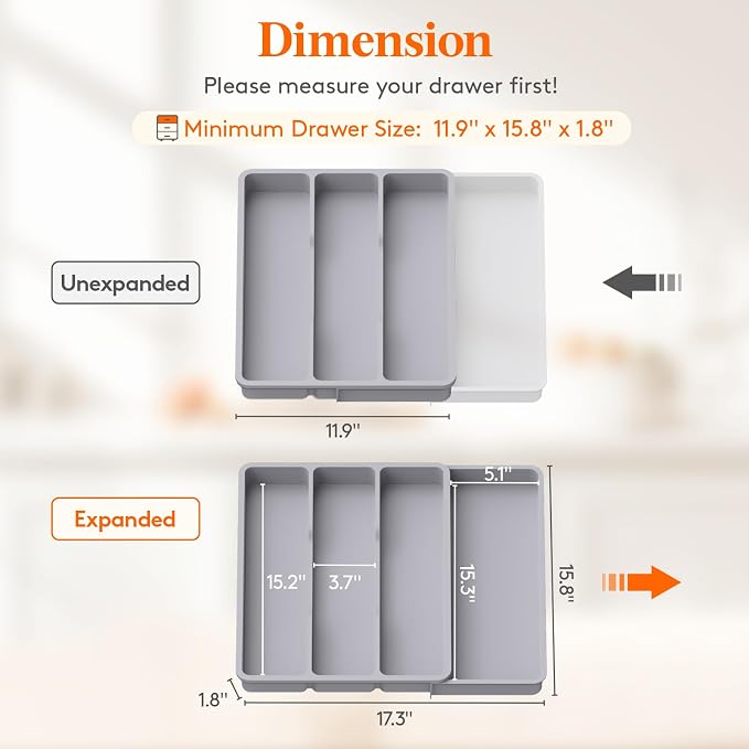 Lifewit Utensil Organizer for Kitchen Drawer, Expandable Cooking Tray | Adjustable Cutlery Flatware Holder, Plastic Silverware Spatula Tools Storage Divider, 11.9-17.3 x 15.8", Gray - Image 3