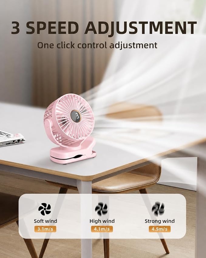 TUNISE Mini Clip on Fan, Battery Operated Desk Fan, Digital display，3 Speeds Adjustable, Bidirectional 360 ° Adjustable, Super Strong Wind, Portable Fan for Home, Office, Camping - Image 5