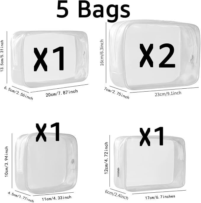 5 Pack Clear Plastic Zippered Toiletry Carry Pouch White, Mixed Size TSA Approved, Portable Cosmetic Makeup Bag, For Vacation, Bathroom and Organizing - Image 2