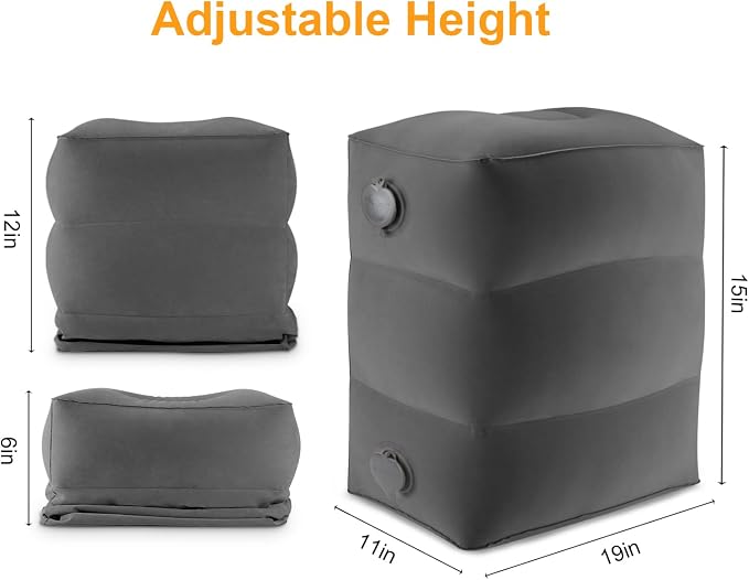 Maliton Inflatable Travel Foot Rest Pillow (Dark Grey, 1 Pack) | Airplane Bed for Kids, Car Foot Leg Rest Pillow, Adjustable Height for Airplane, Car, Train, Home, Office - Image 2