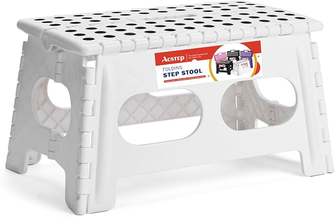 9 Inch Folding Step Stool, 15 Inch Extra-Wide, 300 lbs, White | Non-Slip Heavy Duty Foldable Step Stool for Kids and Adults, Extra-Wide for Comfort and Stability, for Bathroom and Kitchen by ACSTEP