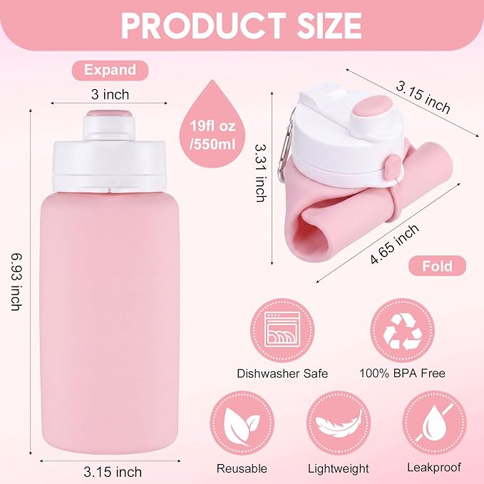 LemonRoad 2 Pcs 19 oz Silicone Collapsible Water Bottle, Pink Green | Portable Foldable Water Bottle, Leakproof, Carabiner, Reusable, Lightweight, for Travel Sport Hiking Camping Cycling Office - Image 2