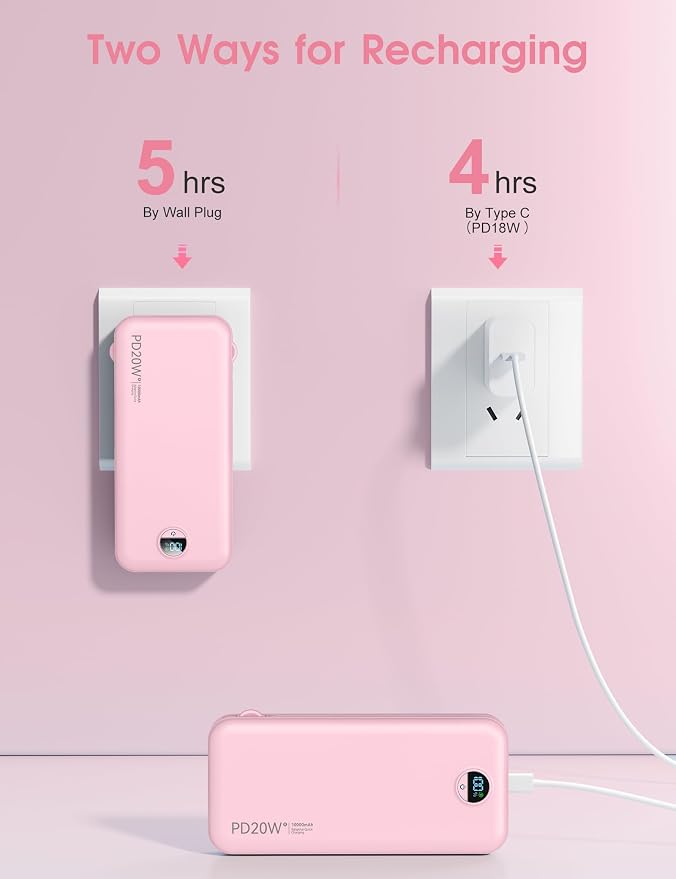 citicr Portable Charger 10000mAh PD20W w/Built-in Cables & Wall Plug Pink | Fast charging, Built-in wall plug, LED display, Charge 5 devices at once, Pass through charging, TSA approved, Pocket size - Image 8