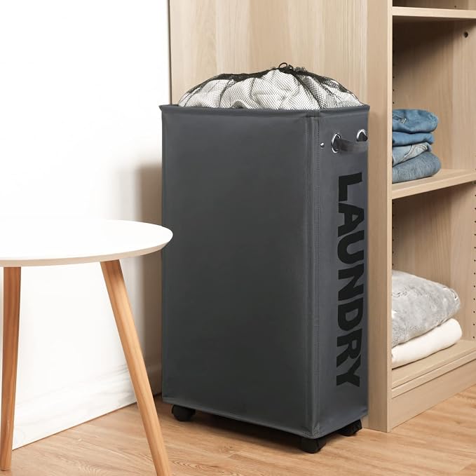 DOKEHOM 29" Enlarged Slim Rolling Laundry Basket Hamper on Wheels, Grey | Collapsible tall laundry hamper with removable mesh wash bag. Foldable narrow corner clothes storage bin for small spaces - Image 7