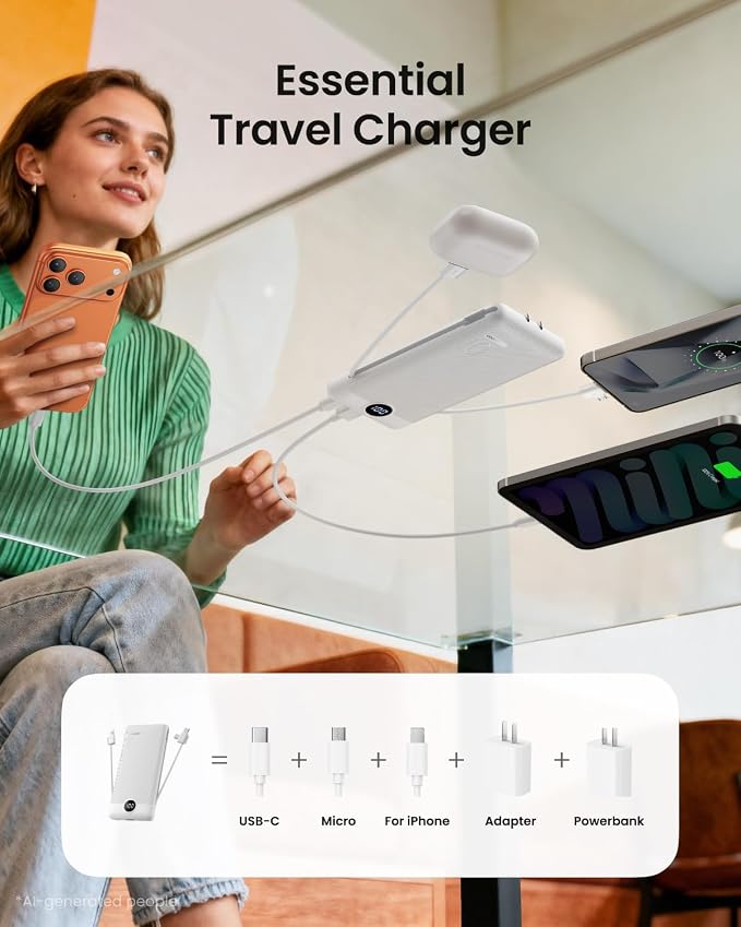 Portable Charger with Wall Plug, Slim USB C Power Bank with Built-in Cables, 10000mah LED Display External Battery Pack Compatible with iPhone/Android & More(White) - Image 6