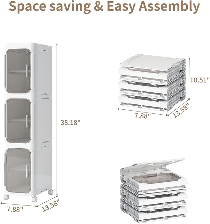 3 Tier Slim Bathroom Storage Cabinet, Foldable and Movable, White | Tools Free, ABS and PET, Magnetic Clear Door, Adjustable Shelves, Lockable Wheels, Water Resistant, For Narrow Space - Image 2