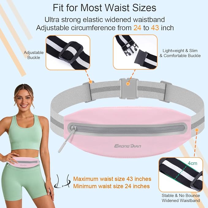 Water Resistant Fanny Pack, Slim Running Belt for Women, Pink | Adjustable Widened Elastic & Reflective, Ultra-Light, Zipper Pocket, Phone Holder for Running Walking Outdoor, Fit All Phones - Image 3