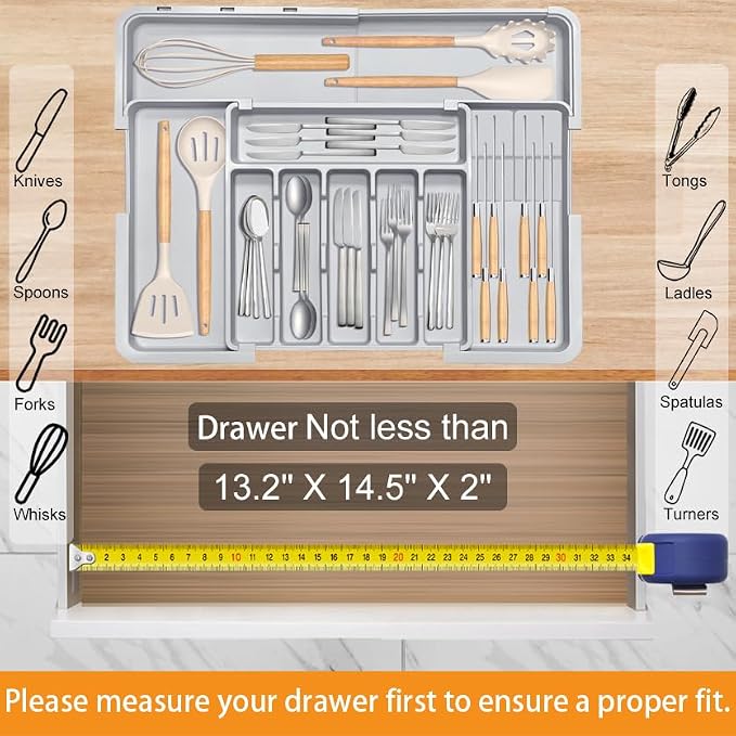 Silverware Drawer Organizer for Kitchen, Adjustable Utensil Drawer Organizer with 2 Knife Block, BPA Free Flatware and Cutlery Holder, Expandable Plastic Storage for Spoons Forks Knives(Grey) - Image 5