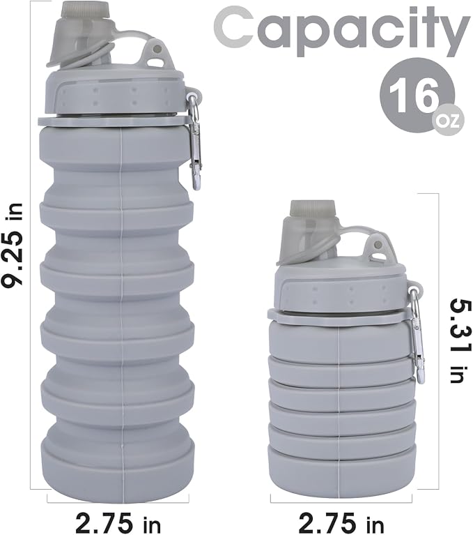 Collapsible Water Bottles for Kids, Students, Adults, Reusable BPA Free Silicone Foldable Sports Water Bottles for Travel Camping Hiking, Folding Travel Water Bottles, Gary - Image 2
