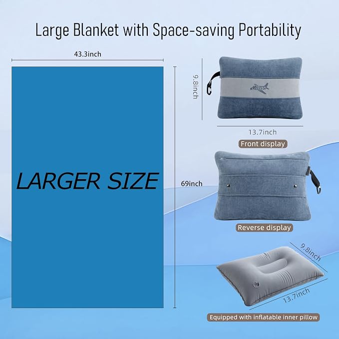 Melissa Large Soft Travel Blanket and Inflatable Pillow Set | Size - 69“ x 43.3”, Lightweight, Compact & Washable for Backpacking, Hiking, Airplane, Car, Office, Camping (Blue) - Image 6