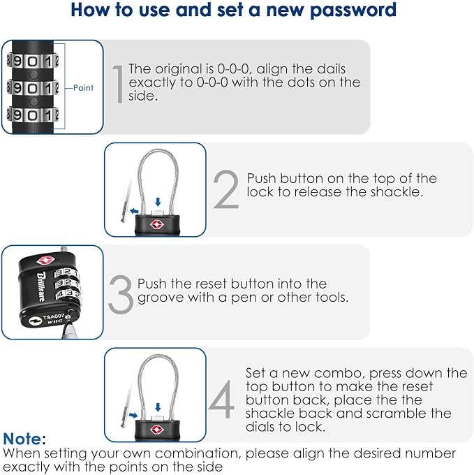 4 Pack TSA Approved Luggage Locks, Combination Travel Cable Lock, 3-Digit Waterproof Padlock, Zinc Alloy Outdoor Keyless Resettable Lock for Travel, Lockers, Bags, Backpack, Gym, Gate-by BRILLIRARE - Image 4