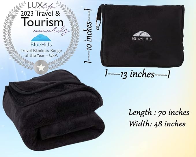 BlueHills Soft Long Travel Blankets 70X48 inches Large Value Pack of 2 Premium Airplane Travel Essential Flight Blanket Throw in a Bag Compact Plane Travel Gift Beige and Black - Image 3