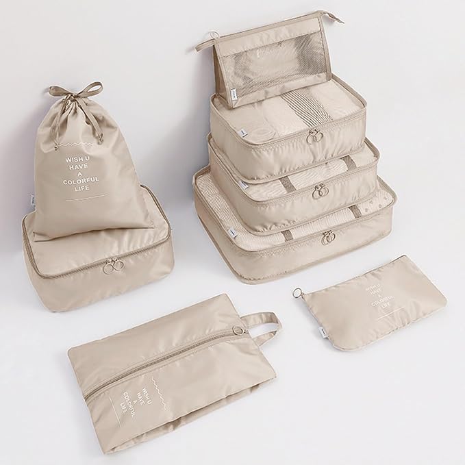 8 Set Packing Cubes for Suitcases, INVODA Travel Luggage Packing Organizers with Laundry Bag, Compression Storage Shoe Bag, Clothing Underwear Bag (Beige) - Image 9