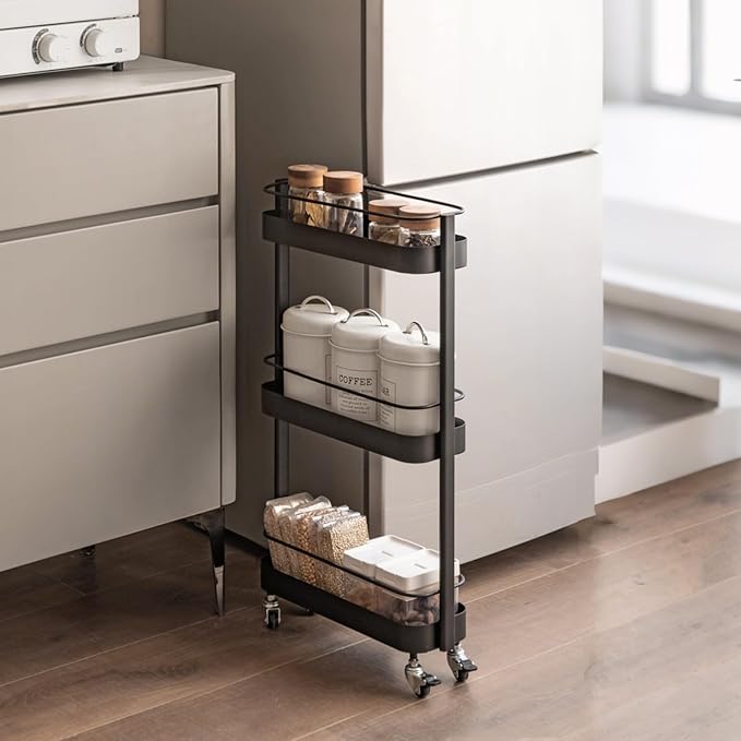 Narrow 3 Tier Rolling Cart, Slim Storage Cart for Bathroom Kitchen | 3 spacious tiers, durable carbon steel frame and smooth swivel wheels provide flexible storage and easy mobility. - Image 2