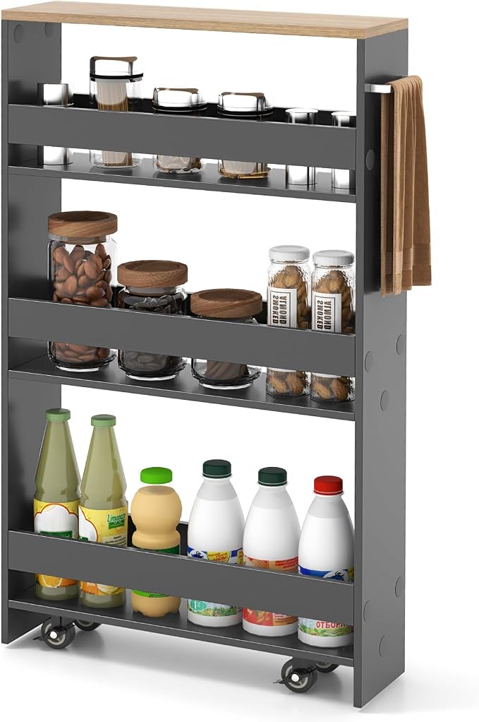 COSTWAY Slim Rolling Storage Cart, 4-Tier Rolling Utility Cart, Wood Kitchen Storage Cart with Handle & Wheels, Narrow Rolling Shelving Unit for Kitchen Bathroom Laundry Small Places (Grey) by COSTWAY