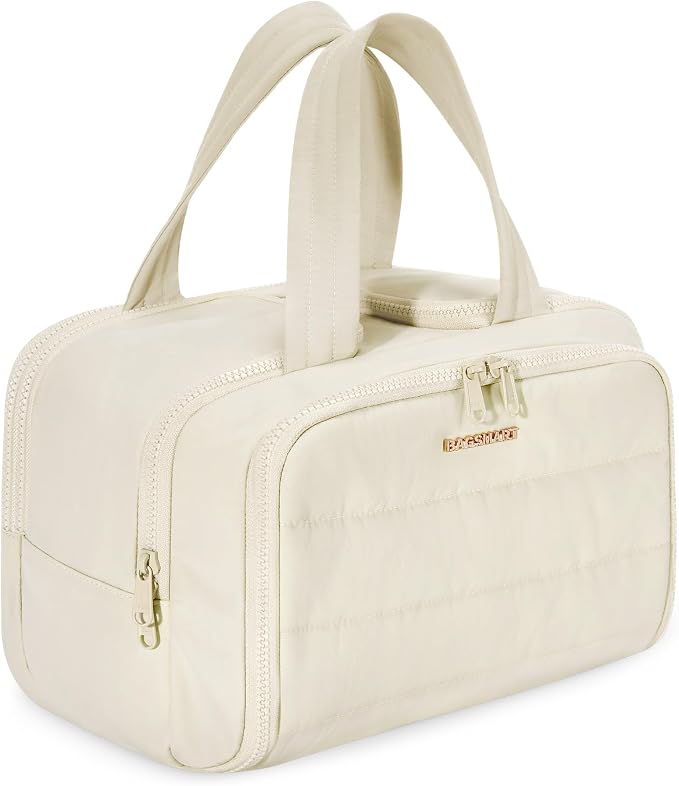 BAGSMART Travel Toiletry Bag, Crush Toiletry Bag for Women, Wide-open Puffy Toiletry Bags for Traveling, Large Travel Cosmetic Makeup Bag Organizer for Accessories,Toiletrie, Beige by BAGSMART