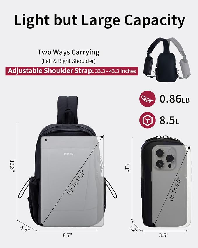 ECOHUB Anti-Theft Crossbody Bag Men Women RFID Blocking Lightweight Sling Backpack Water Resistant for Travel Hiking Outdoor - Image 5
