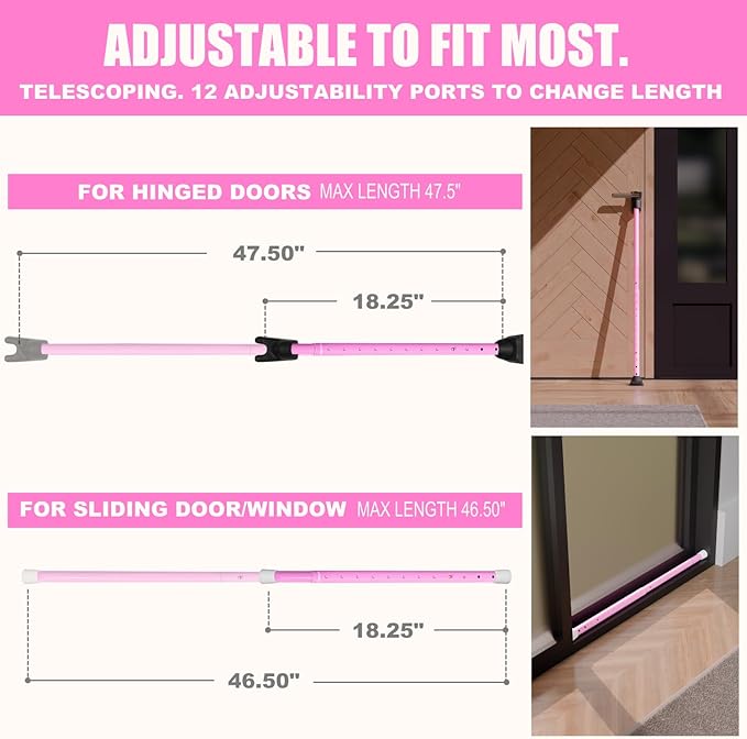 SECURITYMAN 3-in-1 Door Security Bar, Security Door Stoppers & Door Barricade – Heavy Duty Adjustable Iron Security Lock Bar for Home Defense, Apartment & Travel Safety (1 Pack - Pink) - Image 3